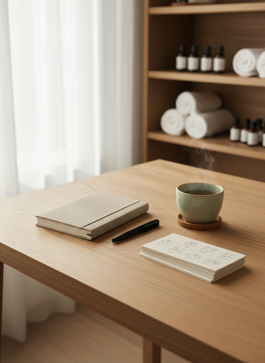 A warm, inviting corner of a wellness consultation area, with a light wooden desk holding a closed, linen-bound notebook, a fine-point pen, and a tidy stack of cream-colored information cards about massage techniques. A simple ceramic cup of herbal tea releases faint steam, placed on a round cork coaster. In the background, softly blurred shelves display neatly arranged towels and aromatherapy oils. Natural late-morning light enters from the left, filtered through sheer white curtains, producing gentle highlights and a calm glow. Photographic realism, framed at eye level with a slight side angle, suggesting a professional yet comforting environment where personalized massage plans are thoughtfully prepared.