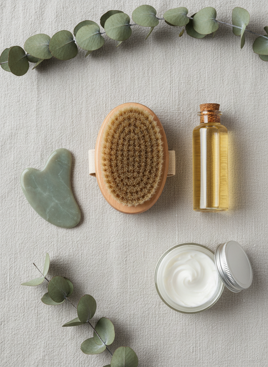 A refined flat lay of massage therapy tools arranged on a pale, textured linen surface: a wooden body brush with natural bristles, a smooth gua sha stone in muted jade, a slender glass bottle of pale amber massage oil, and a small, open jar of rich, creamy balm. Dried eucalyptus sprigs frame the composition, adding organic shapes and soft green-gray tones. Overhead, diffused studio lighting creates even illumination, subtle shadows, and gentle highlights on the glass and stone. Photographic realism, with a meticulously balanced composition and enough negative space for overlaying text, conveying a clean, modern, and professional approach to holistic body care and well-being.