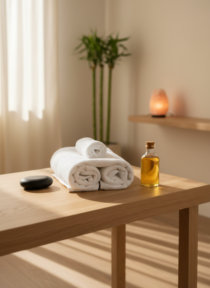 A neatly folded, plush white massage towel resting on a light wooden treatment table, with a smooth basalt hot stone and a delicate glass bottle of golden massage oil placed beside it. The table is positioned in a calm, minimalist spa room with pale beige walls, a simple bamboo plant in the background, and a softly glowing salt lamp on a low shelf. Late afternoon natural light filters through sheer curtains, creating gentle, elongated shadows and a warm, soothing atmosphere. Photographic realism, shot at eye level with a shallow depth of field, keeping the towel and stone in sharp focus while the background blurs softly, conveying professional, serene well-being.