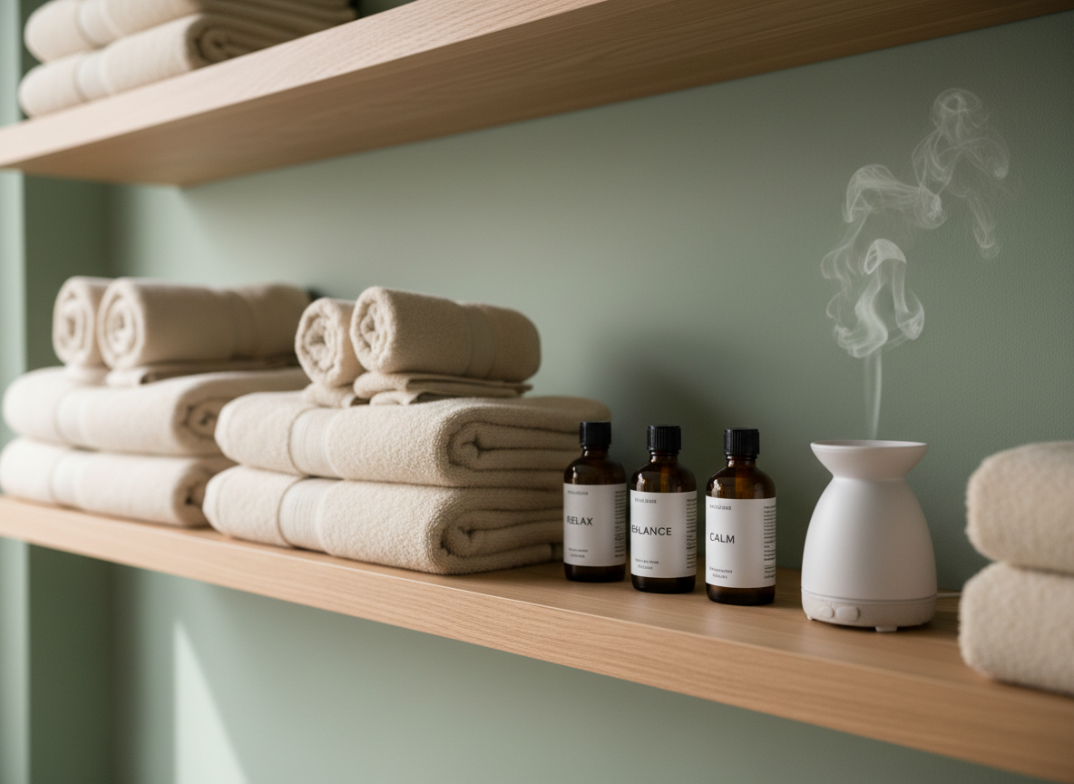 A close-up of a light oak shelf in a massage studio, carefully arranged with neatly folded neutral-toned towels, amber glass bottles of essential oils with minimalist labels, and a small ceramic diffuser releasing a faint wisp of vapor. The wall behind is a soft, matte sage green, adding a gentle, natural accent. Soft, diffused daylight from an unseen window washes over the objects, creating delicate highlights on the glass and gentle shadows behind the folded fabric. Photographic realism with a shallow depth of field focuses on the foreground objects, while the rest of the shelf subtly recedes, projecting an atmosphere of order, cleanliness, and professional care.