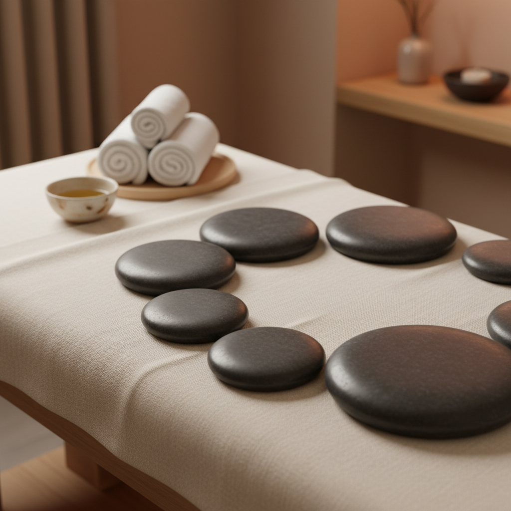 An elegant arrangement of polished basalt hot stones laid in a gentle curve on a soft, cream-colored linen sheet that covers a massage table. The stones vary in size, their dark, smooth surfaces reflecting subtle highlights from warm ambient lighting. In the softly blurred background, a wooden tray holds rolled towels and a small ceramic bowl of essential oil. The setting is a refined, uncluttered treatment room with natural tones and clean lines. Photographic realism, captured from a slightly elevated angle, emphasizing texture and contrast, with a calm, inviting mood ideal for illustrating deep relaxation and professional body care.