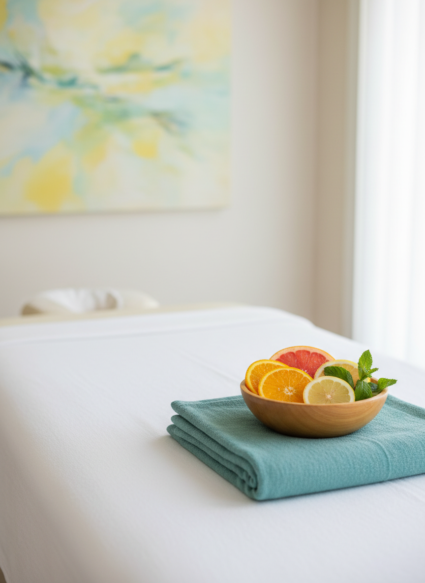 A detail shot of a massage table prepared for an energizing, revitalizing treatment: a crisp, white sheet perfectly stretched, a folded textured teal blanket at the foot, and a small wooden bowl filled with bright citrus slices and fresh mint leaves placed near the headrest. The background reveals a subtle, abstract wall art piece in soft, uplifting colors. Bright but still soft natural light from a large window to the right illuminates the scene, enhancing the freshness of the citrus and the cleanliness of the linens. Photographic realism with a shallow depth of field focuses sharply on the bowl and linens, expressing a mood of renewal and gentle invigoration.